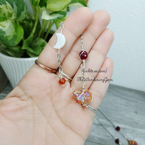 Gemstone Beaded Dowsing Pendulum, Carnelian Garnet Shell & Quartz, Moon, 6" - Picture 6 of 6